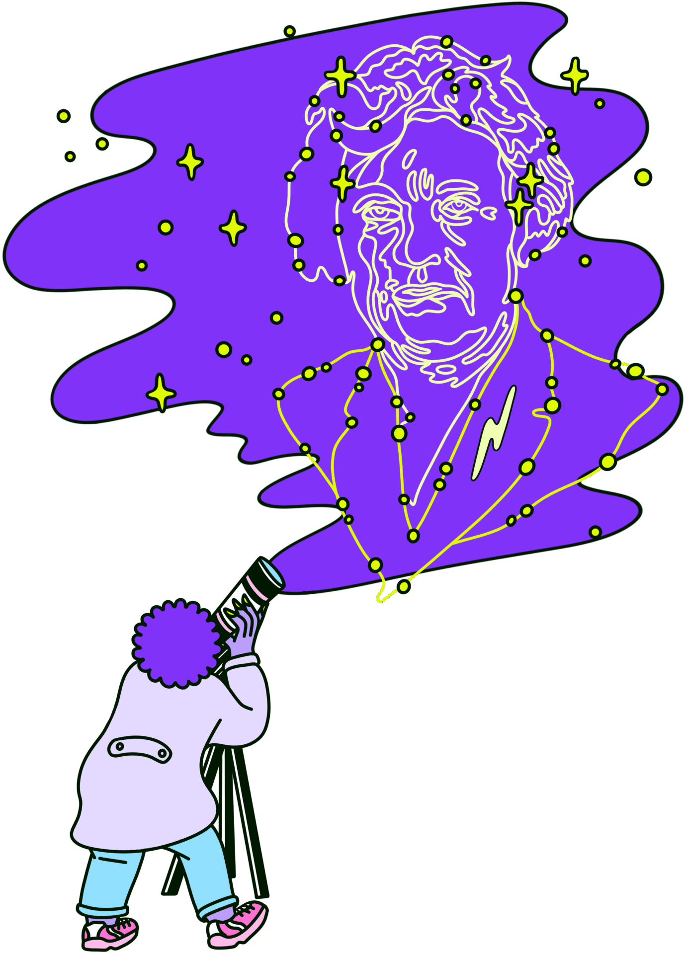 Eine Person guckt mit Sternglas in den Himmel und ein Sternbild einer Frau ist zu sehen.