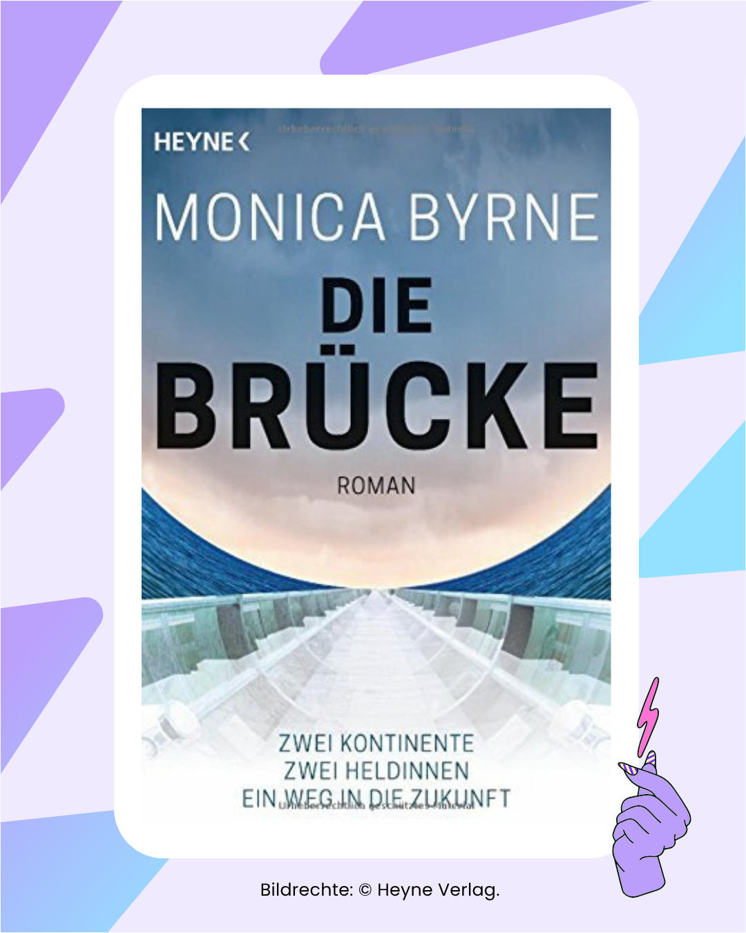 Buchcover „Die Brücke“ mit einer mittig dargestellten Brücke. Zu beiden Seiten fließt das Meer in einer parabelförmig geschwungenen Darstellung entlang der schrägen Brückenwände.