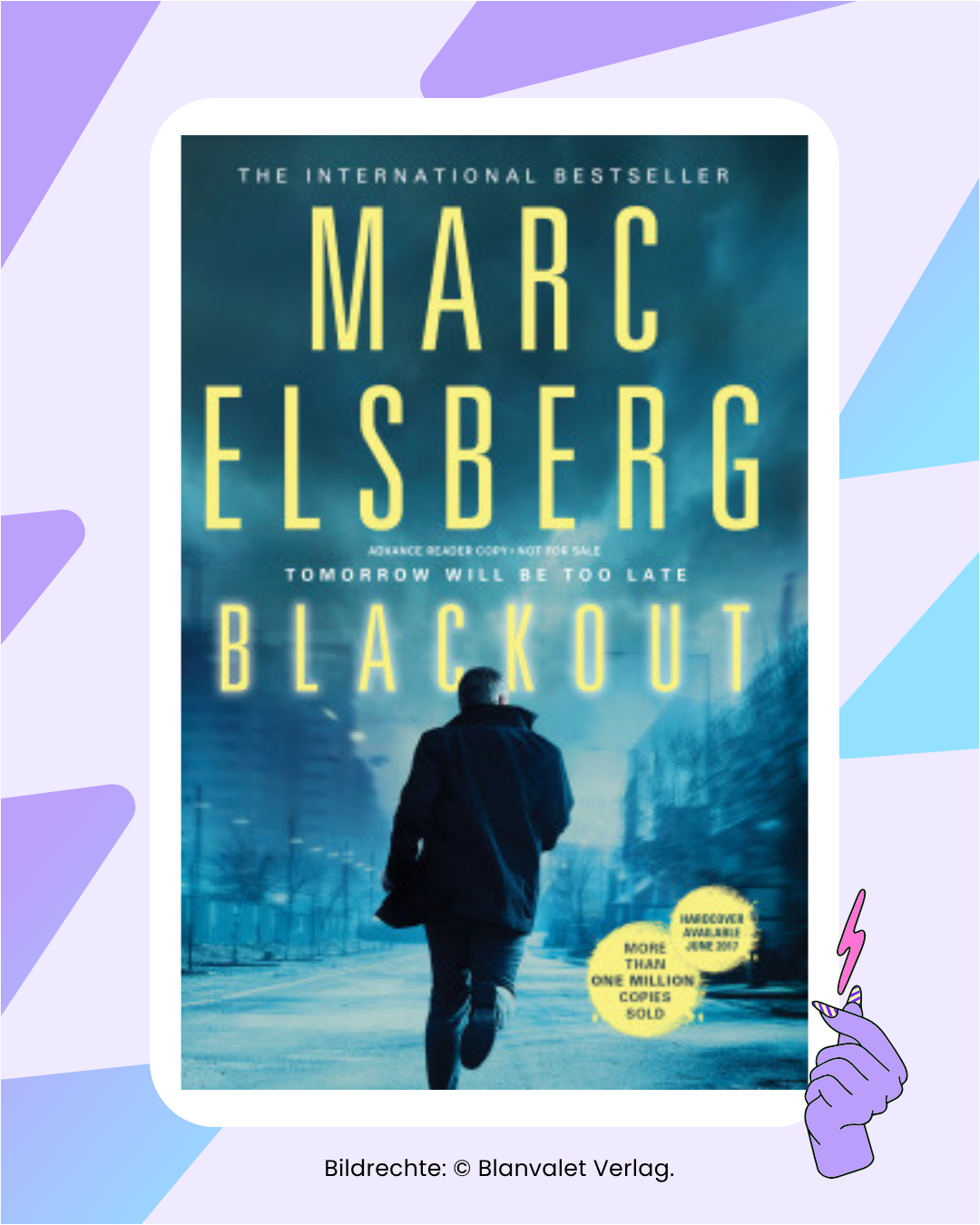 Buchcover „Blackout“: Ein Mann im schwarzen Mantel rennt durch eine Straße. An den Seiten stehen Hochhäuser und Bäume, Straßenlaternen leuchten schwach. Über der Szene hängt ein dunkler Himmel mit schwarzen Wolken.