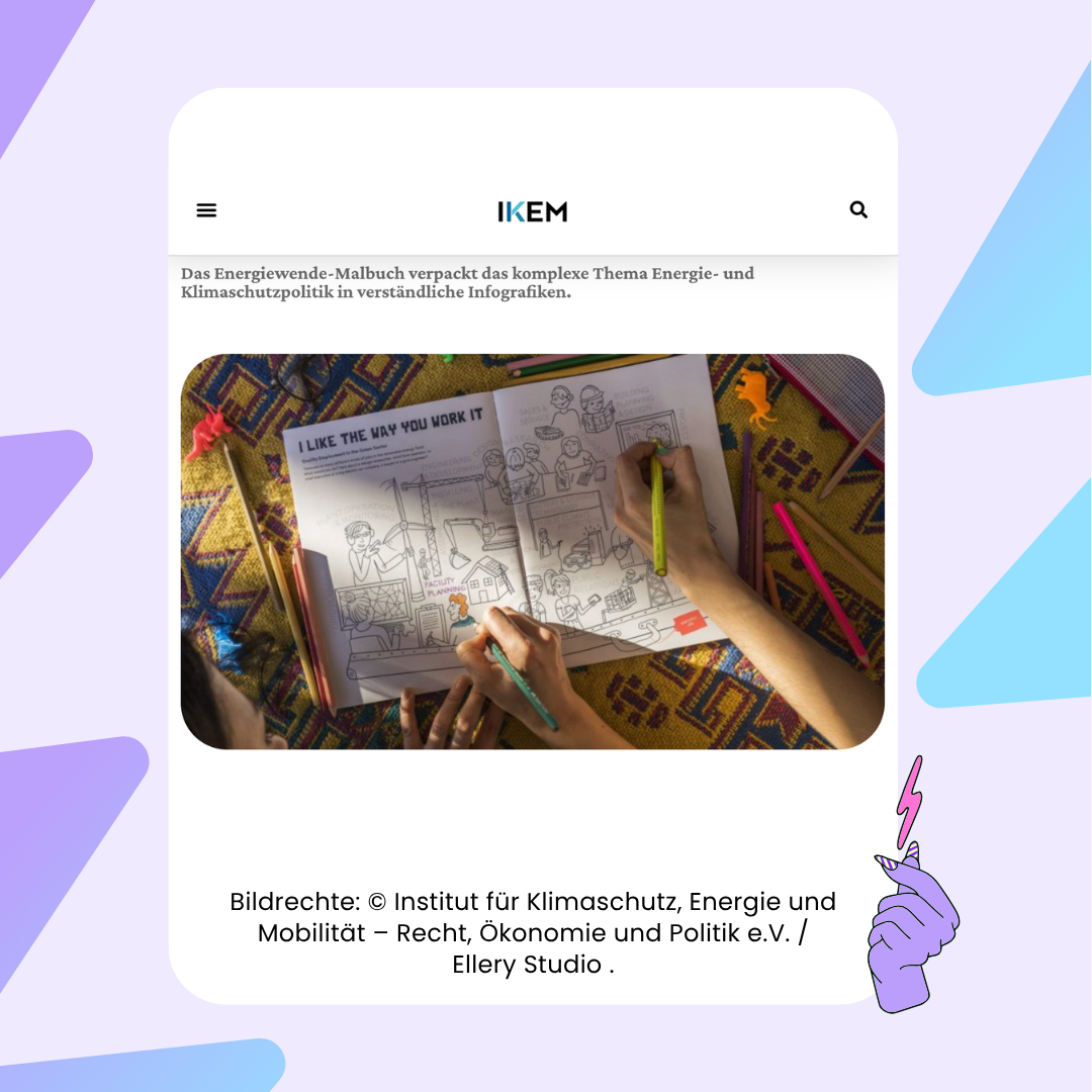 Aufgeschlagenes Ausmalbuch „Energy Transition Coloring Book“. Hände malen mit Buntstiften verschiedene Berufe der Energiewende aus. Auf den Seiten steht der Schriftzug „I like the way you work it“.